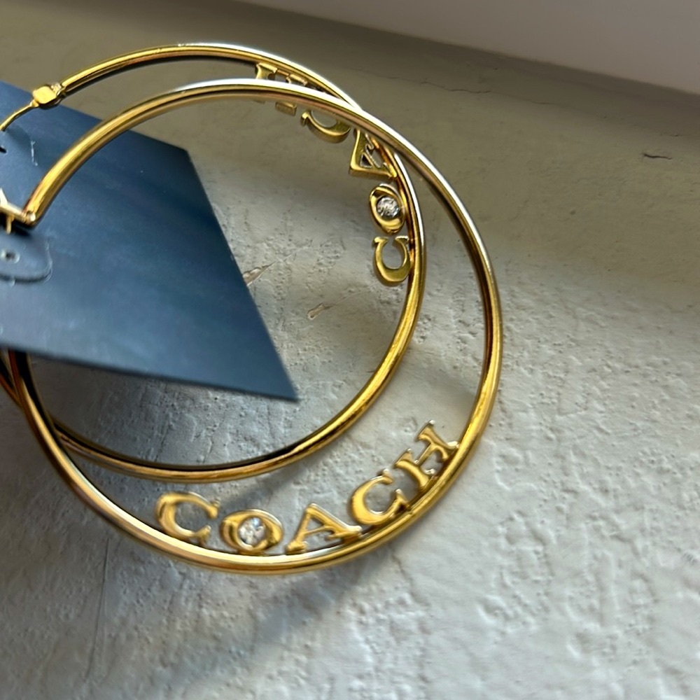 New Coach Signature Medium Large Hoop Earrings Gold with Rhinestone - Picture 5 of 10